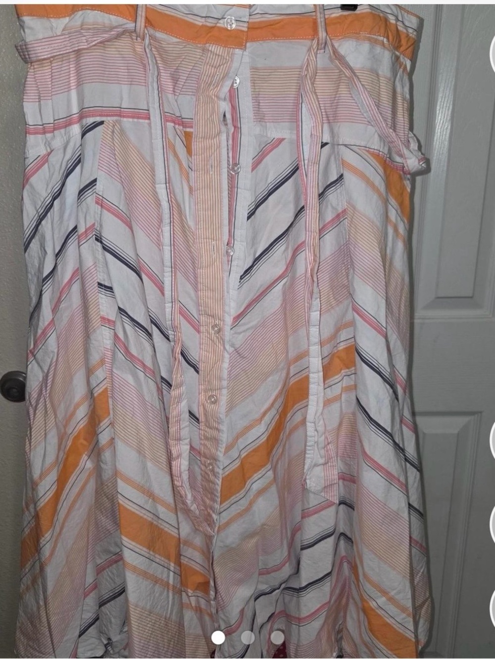 Women's White Striped Midi Skirt with Peach and Navy Accents